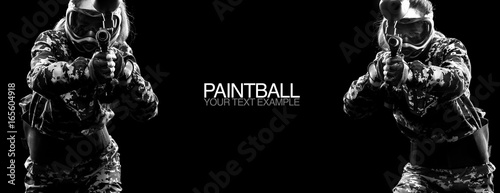 Paintball game and lasertag soldiers in military isolated on black background. Poster concept with copy space. Sport concept. photo