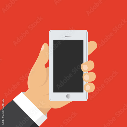 Hand holding smart phone. Business concept, flat design, vector