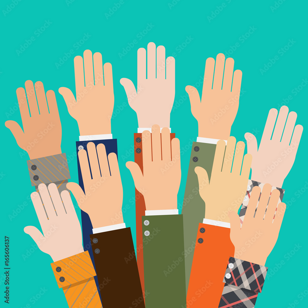 Raised up international  hands. Voting hands. Election concept. Vector illustration