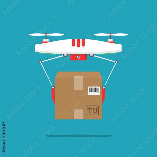 Dron delivers the parcel. The concept of fast, free delivery, gift. Vector illustration