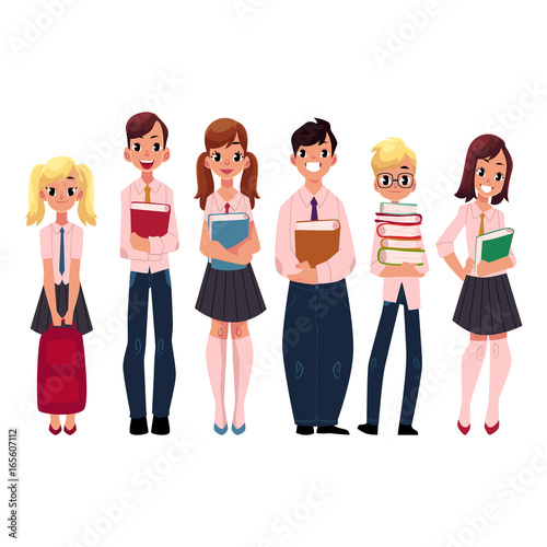 students, pupils, school kids standing together, holding books, cartoon vector illustration isolated on white background. Group of pupils, students, boys and girls standing together