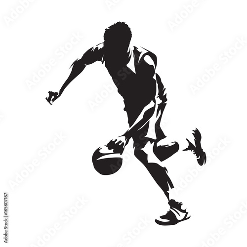 Fototapeta Działający gracz koszykówki z piłką, abstrakcjonistyczna wektorowa sylwetka