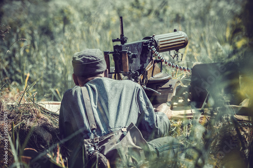 Tableau sur toile Finnish soldier with Machine gun maxim