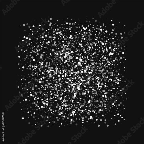 Random falling white dots. Square frame with random falling white dots on black background. Vector illustration.