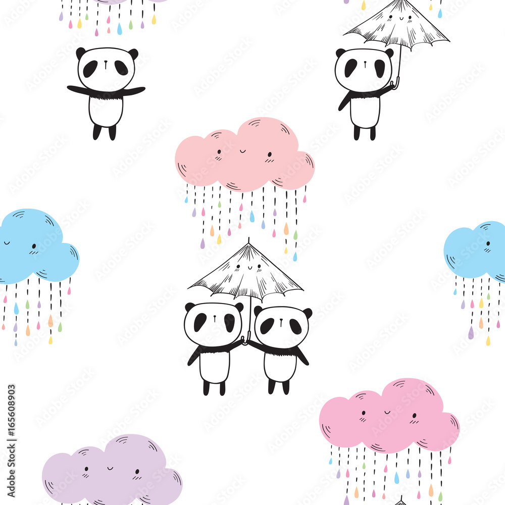 Seamless pattern with cute pandas, umbrellas and colored funny clouds for textile, wallpapers, gift wrap and scrapbook. Vector illustration. Seamless pattern with cute pandas, umbrellas and colored funny clouds for textile, wallpapers, gift wrap and scrapbook. Vector illustration.