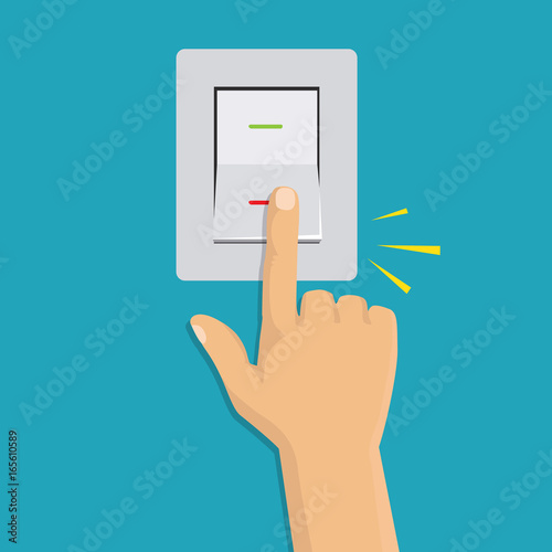 Isometric icon. Hand turning on the light switch. Toggle switch. Electric control concept. Vector graphic