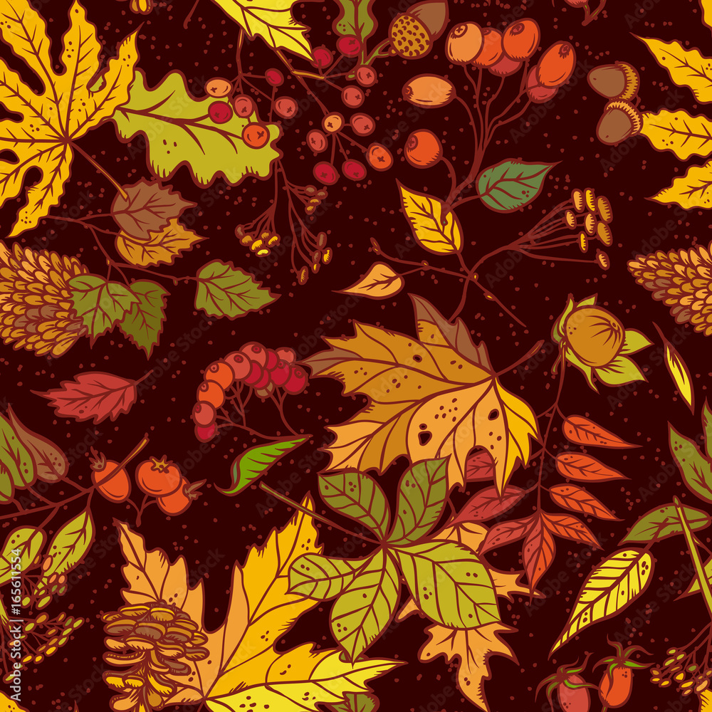 Vector seamless pattern sketch branches with autumn leaves, cones, dried flowers and ripe berries. Colourful herbal graphics. Elements september or october leaf fall and harvest on brown background