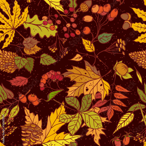 Vector seamless pattern sketch branches with autumn leaves  cones  dried flowers and ripe berries. Colourful herbal graphics. Elements september or october leaf fall and harvest on brown background