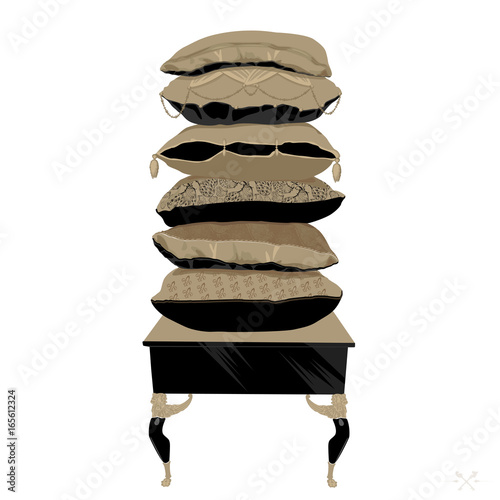 Set of elegant pillows topped on bed table. Piled exquisite pillows with tassels. Vector Illustration