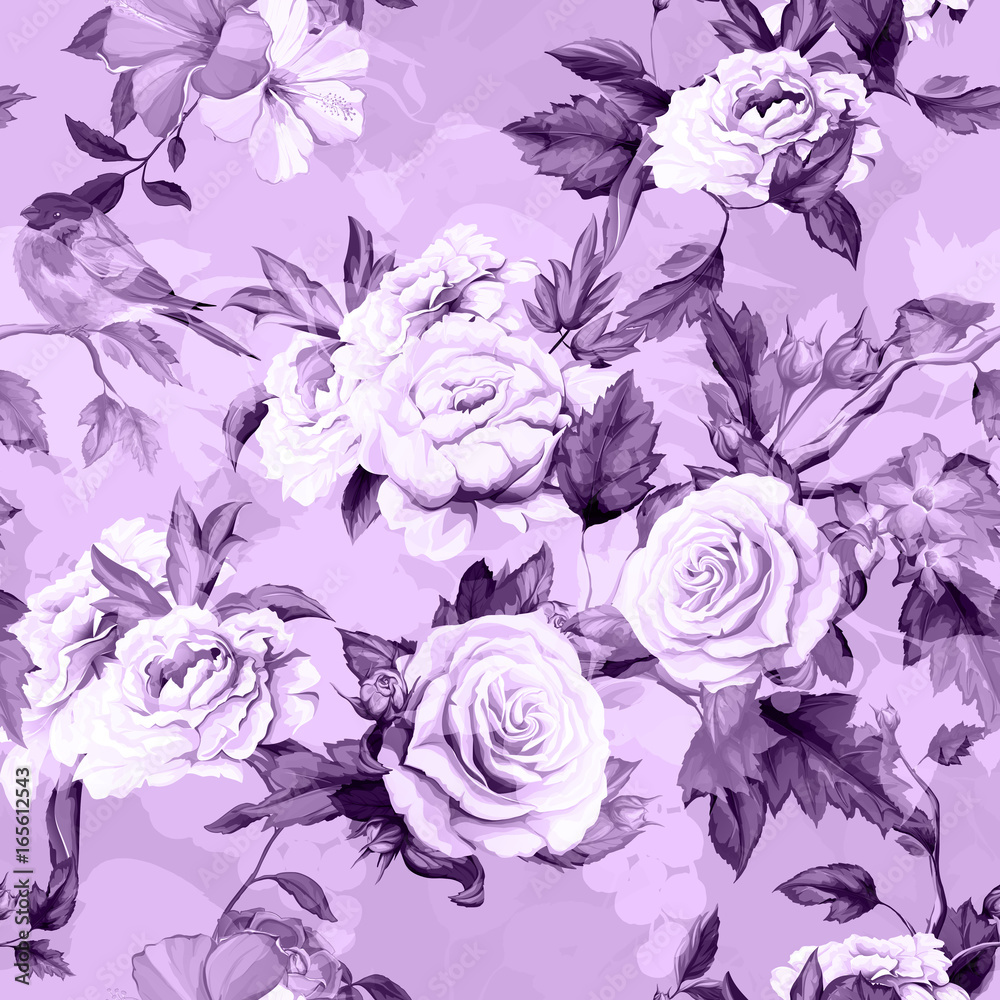 Seamless background pattern of roses, peony, roses buds with bird and leaves on violet (purple). Watercolor, hand drawn. Vector - stock