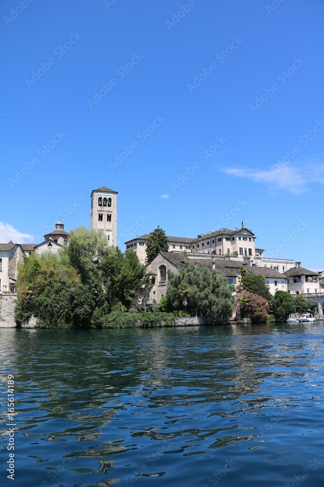 Isola San Giulio with view to Basilika San Giulio at Lake Orta, Piedmont Italy 