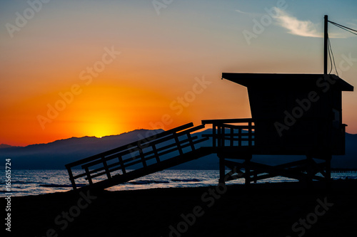 Lifeguard tower, Santa Monica beach at sunset, California, USA