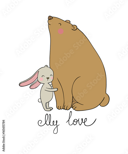 Lovely cartoon bear and hare. Happy animals.