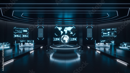 Command center interior, cybersecurity, room, blue photo