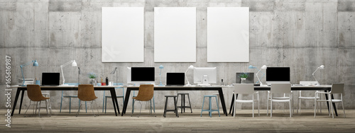 Dream work space office, three mock up poster on concrete wall, 3d illustration photo