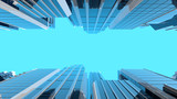 3D illustration of modern corporate skyscrapers with reflective blue windows. The camera looks upwards to the sky from a low angle.