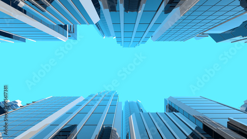 3D illustration of modern corporate skyscrapers with reflective blue windows. The camera looks upwards to the sky from a low angle.
