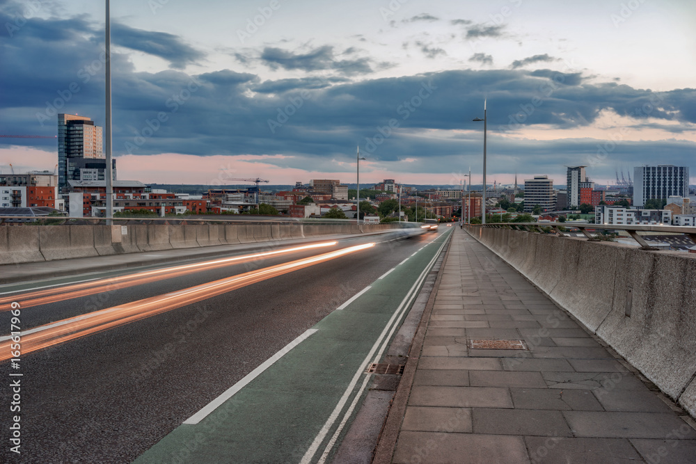 The Itchen road bridge over the River Itchen in Southampton, captured at early nightfall