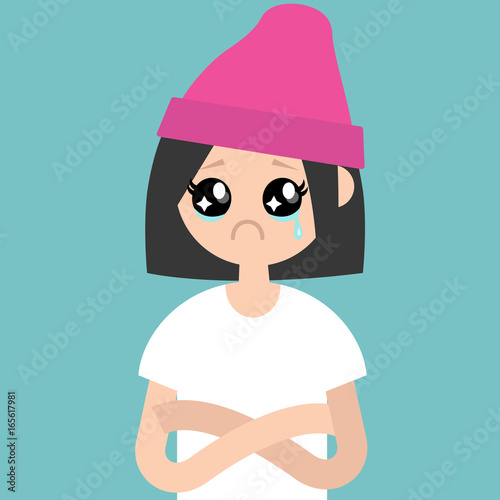 Sad offended character with big anime tear-stained eyes / flat editable vector illustration, clip art