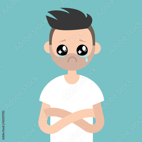 Sad offended character with big anime tear-stained eyes / flat editable vector illustration, clip art
