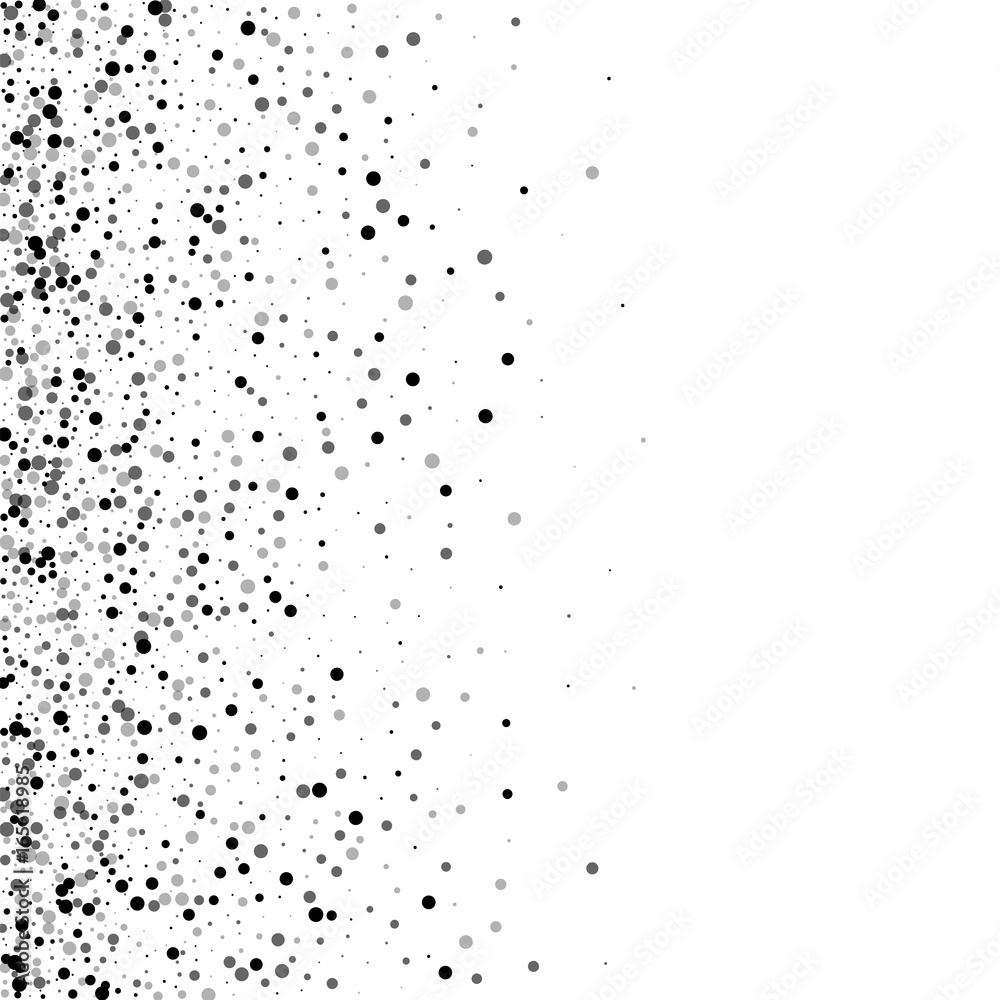 Dense black dots. Scatter left gradient with dense black dots on white background. Vector illustration.