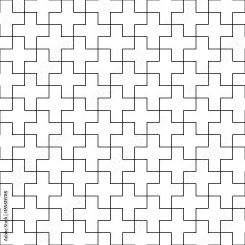 Abstract seamless pattern background. Mosaic of white geometric crosses with black outline. Vector illustration.