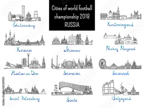 Set of the cities - destination of 2018 world football championship in Russia. Vector Illustration. Russian architecture. Black pen sketches and silhouettes of famous buildings located in the cities.