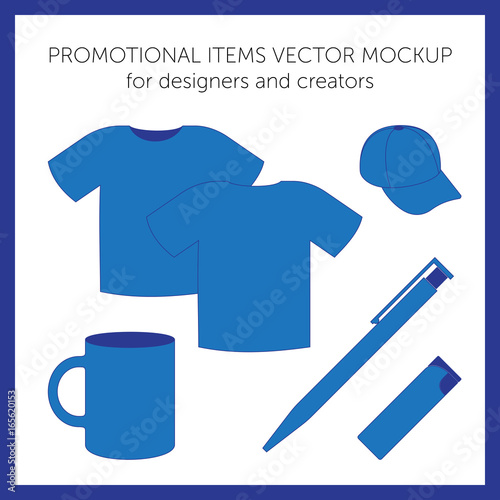 Blank design templates for presentation or logos. Blue vector t-shirt, cap, mug, pen, lighter