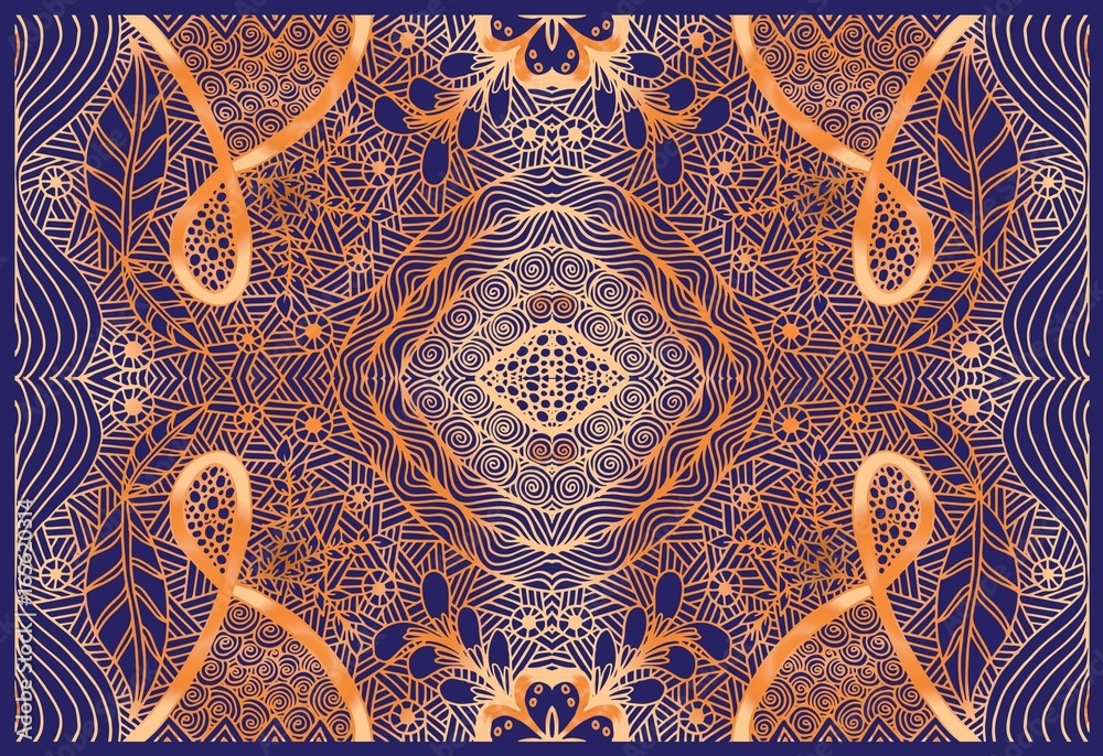 Bandana print with abstract flower and leaf ornament, floral pattern, design for pillow, carpet, rug. Design for silk neck scarf Bandana print with abstract flower and leaf ornament, floral pattern, design for pillow, carpet, rug. Design for silk neck scarf