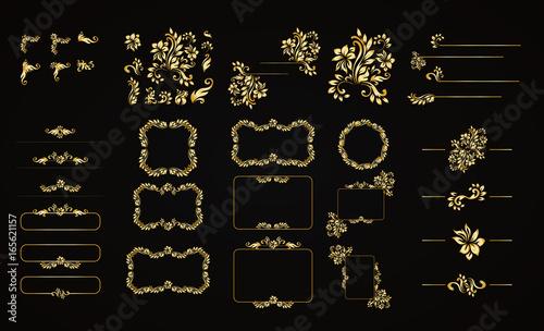 Golden calligraphic vector design elements on the black background. Gold menu and invitation border, frame,divider,page decor. Luxury style calligraphic