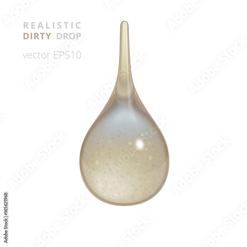 Dirty water droplet with grains of sand. Vector realistic 3D polluted drop of water from puddle. Detailed drip of natural shape with a thin tail and refraction. Taupe and gray tints. Isolated object.