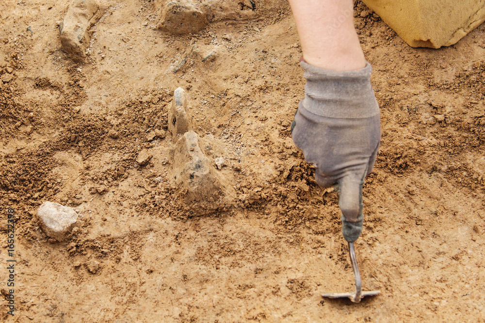 Fototapeta premium Archeological tools, Archeologist working on site, hand and tool.