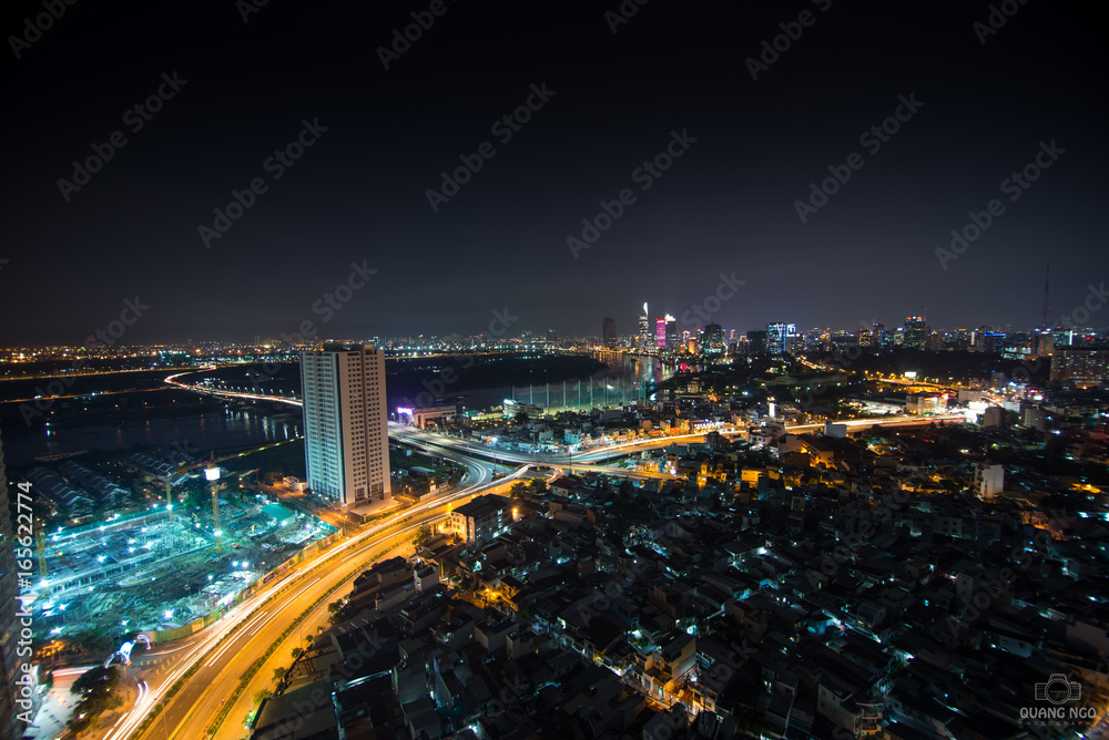 Long exposure highway in modern city at night