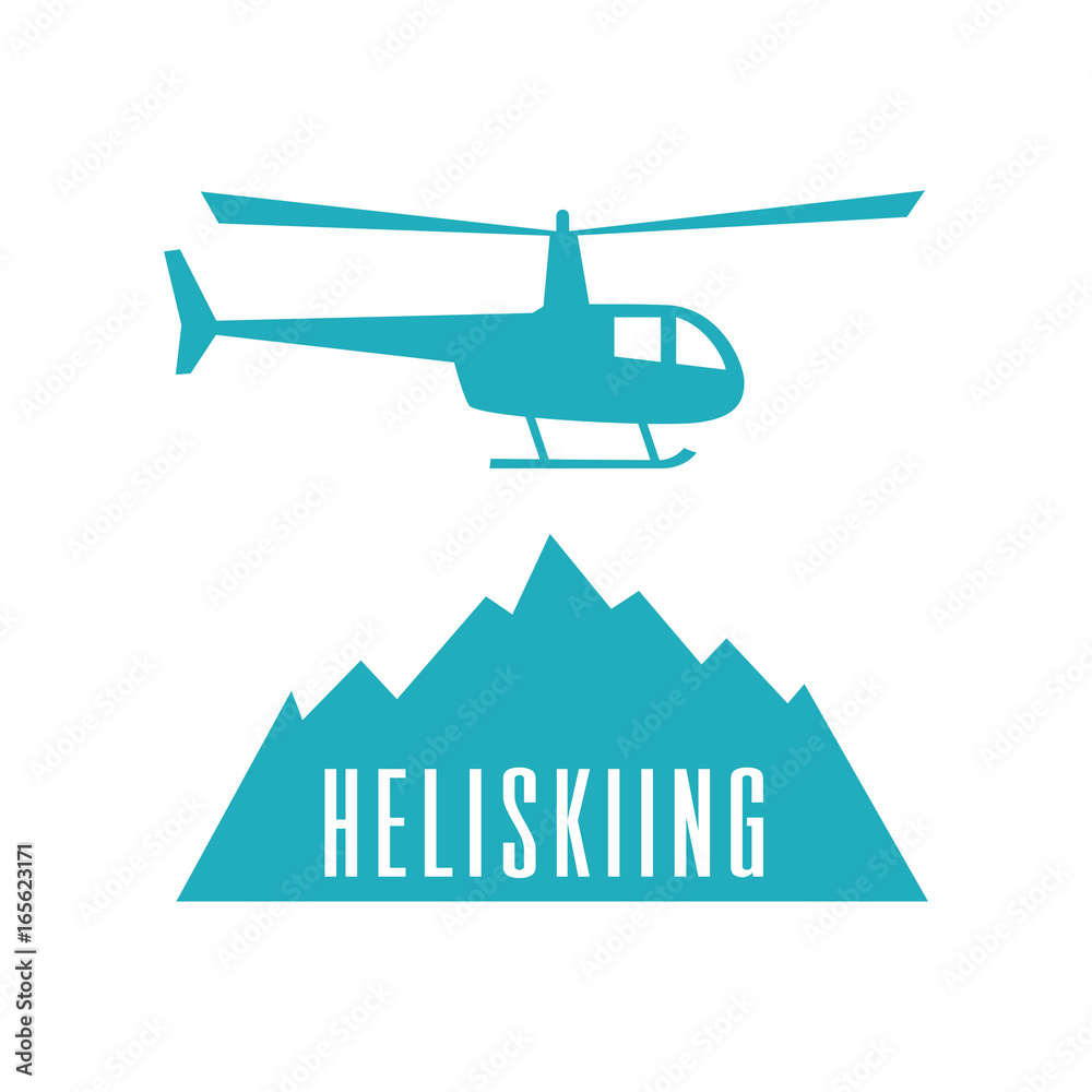 Heliskiing flat icon with helicopter and mountains.