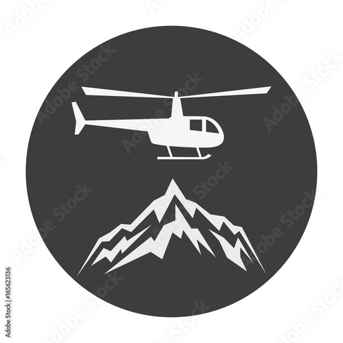 Heliskiing flat icon with helicopter and mountains.