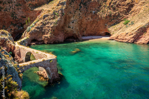 Acess bridges to Berlengas S  o Jo  o Baptista s fort surrounded by crystal water in Berlenga island  Portugal.