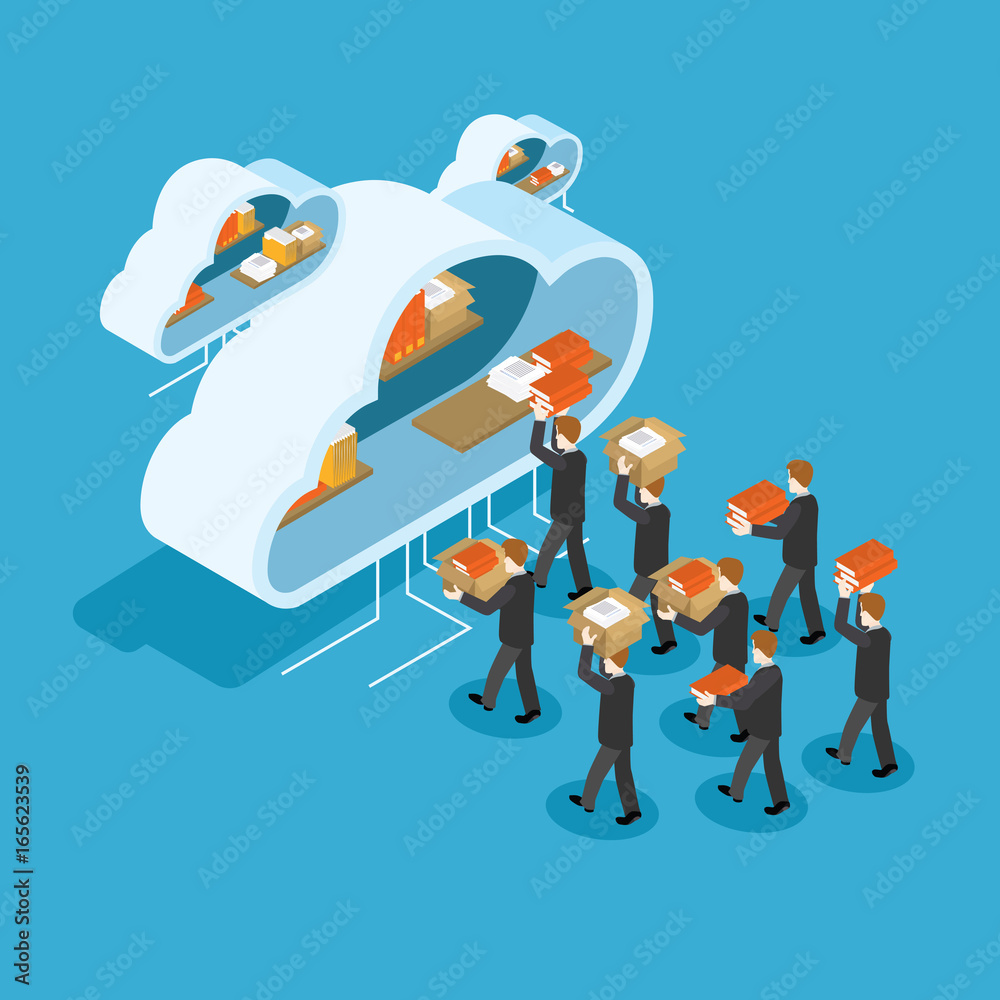 Vector illustration. Business people putting stuff in cloud cabinet Vector illustration. Business people putting stuff in cloud cabinet