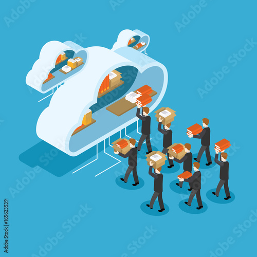 Vector illustration. Business people putting stuff in cloud cabinet
