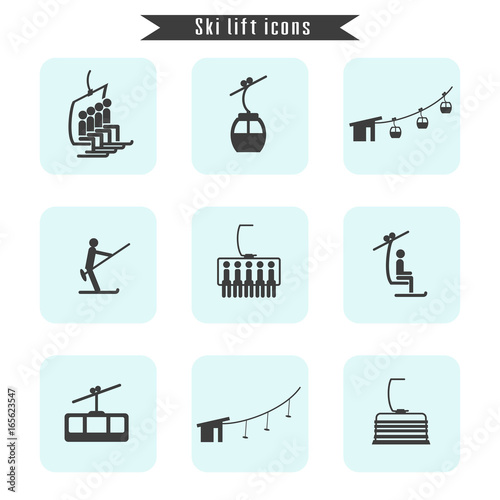 Set of ski cable lift icons for ski and winter sports.