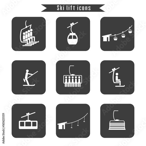 Set of ski cable lift icons for ski and winter sports.