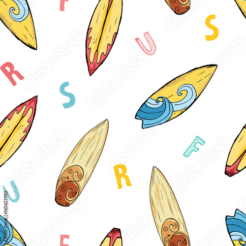 Surf boards seamless pattern hand drawn sketch background, typography design vector illustration