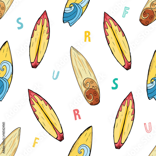 Surf boards seamless pattern hand drawn sketch background, typography design vector illustration