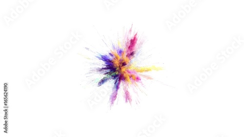 Cg animation of color powder explosion on white background. Slow motion movement with acceleration in the beginning. Has alpha matte. Wide angle version.