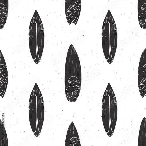 Surf boards seamless pattern hand drawn sketch background, typography design, monochrome vector illustration