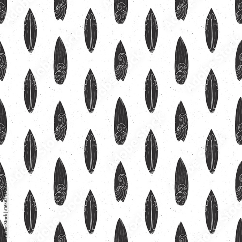 Surf boards seamless pattern hand drawn sketch background, typography design, monochrome vector illustration