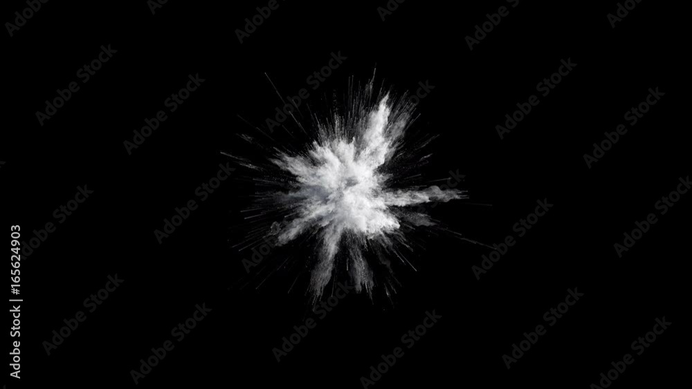 Cg animation of white powder explosion on black background. Slow motion movement with acceleration in the beginning. Has alpha matte. Wide angle version. Cg animation of white powder explosion on black background. Slow motion movement with acceleration in the beginning. Has alpha matte. Wide angle version.