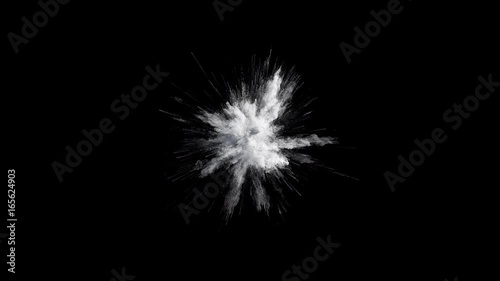 Cg animation of white powder explosion on black background. Slow motion movement with acceleration in the beginning. Has alpha matte. Wide angle version.
