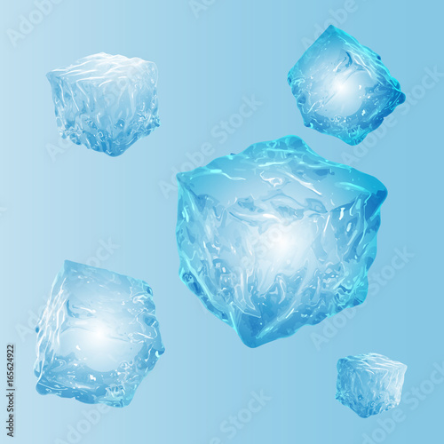 Set of five transparent ice cubes in light blue colors