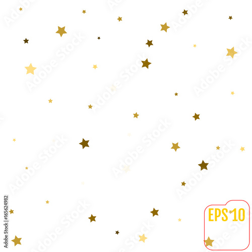 Gold star confetti rain festive holiday background. Vector golden paper foil stars falling down isolated on transparent background.