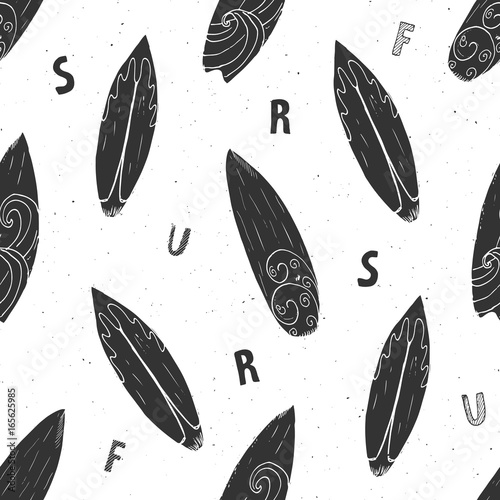 Surf boards seamless pattern hand drawn sketch background, typography design, monochrome vector illustration